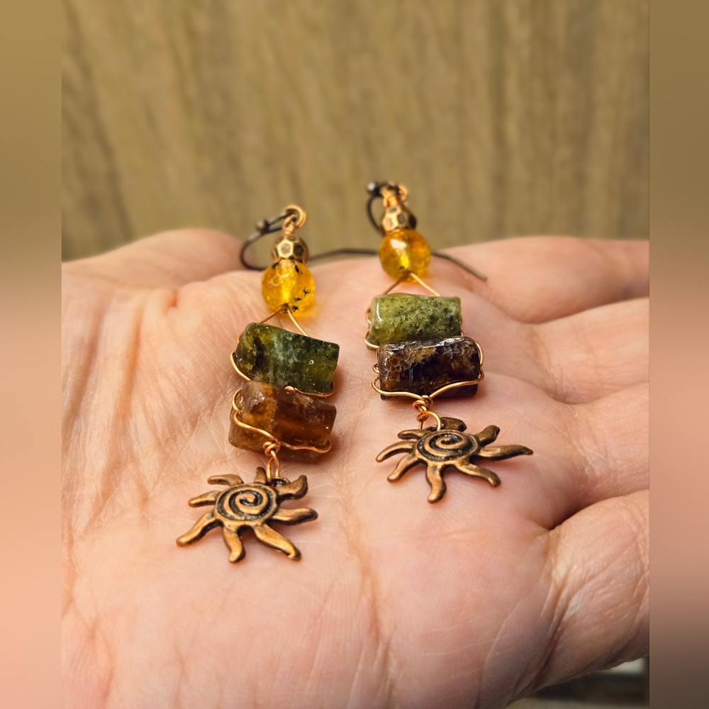 Nile Priestess' Sacred Green & Brown Garnets In Antique Copper Artisan Earrings - Picture 8 of 10